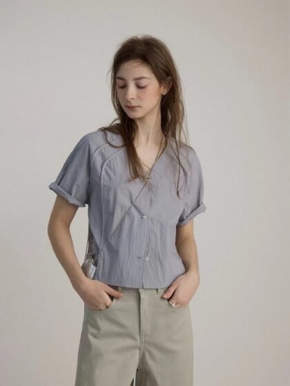 Vintage V-Neck Short Sleeve Shirt T-shirt for Women