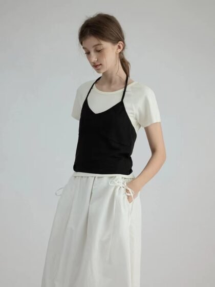 Round Neck Slimming Short Sleeve T-shirt with Tank Top Set