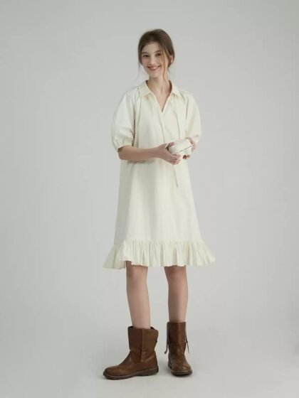 Spring-Summer Short-Sleeve Tie-Waist Collared Dress